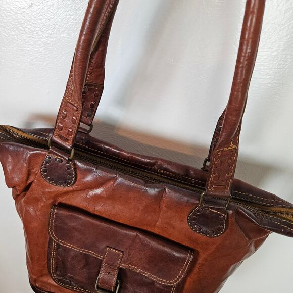 Noonday Collection Leather Zip Top Shoulder Bag Purse Cognac Brown Tote - Picture 6 of 16